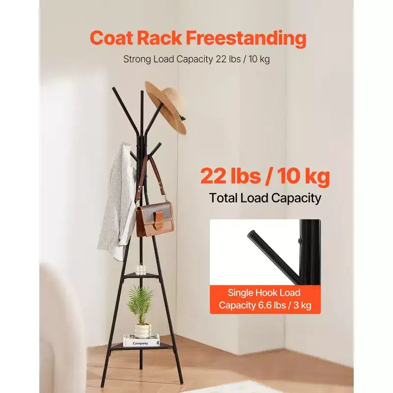 VEVOR Coat Rack, Freestanding Coats Rack Stand with 2 Shelves & 6 Hooks, Free Standing Hall Coat Tree for Entryway, Bedroom, Living Room, Black