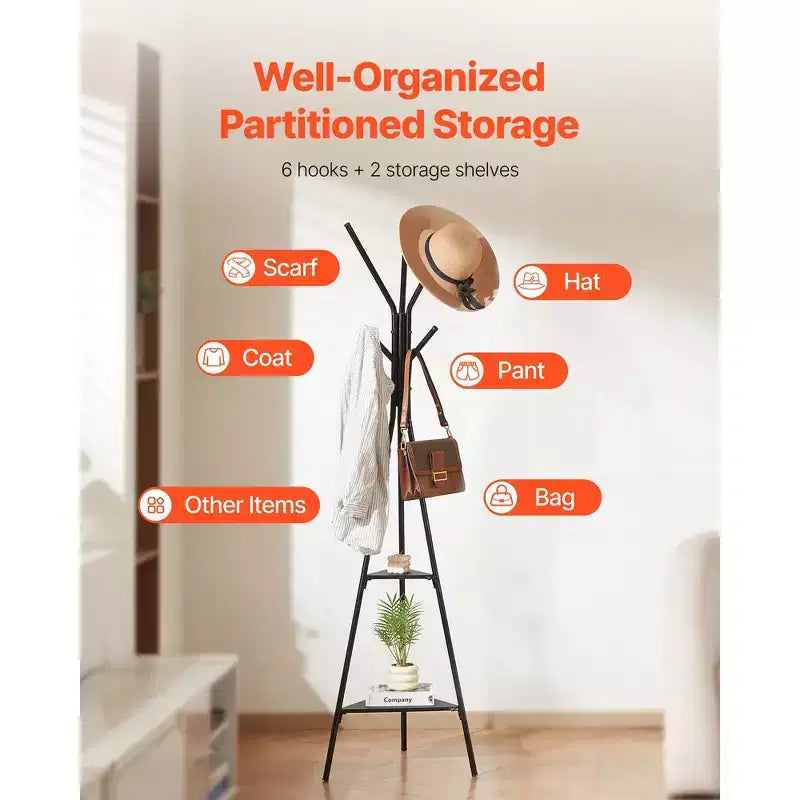 VEVOR Coat Rack, Freestanding Coats Rack Stand with 2 Shelves & 6 Hooks, Free Standing Hall Coat Tree for Entryway, Bedroom, Living Room, Black