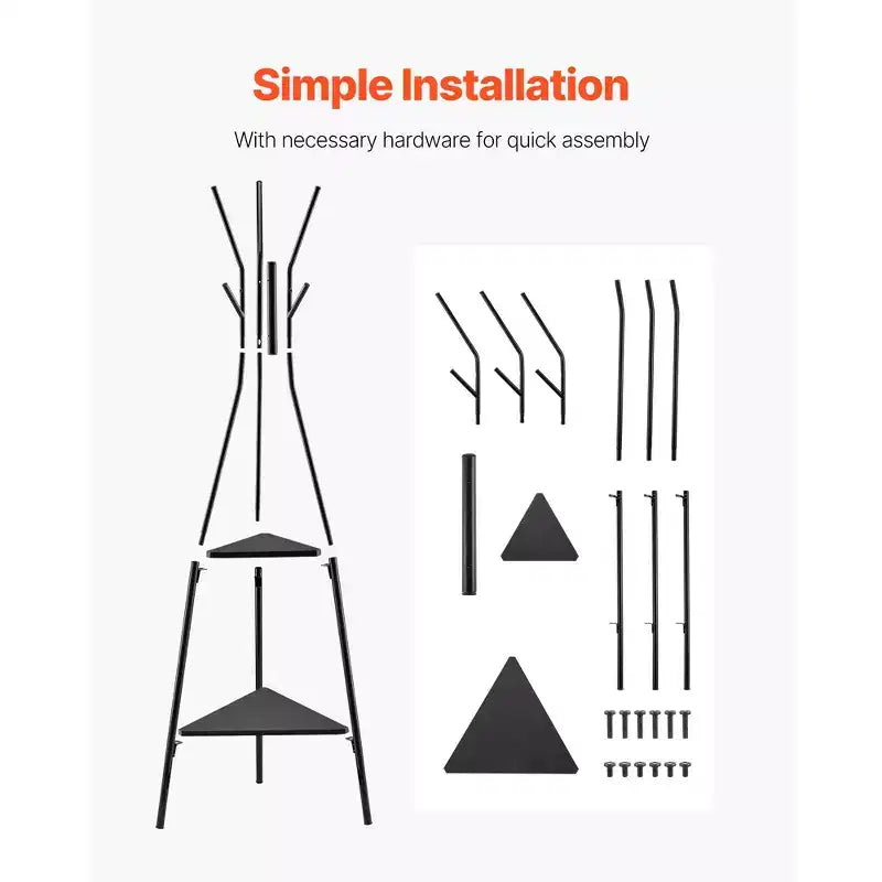 VEVOR Coat Rack, Freestanding Coats Rack Stand with 2 Shelves & 6 Hooks, Free Standing Hall Coat Tree for Entryway, Bedroom, Living Room, Black