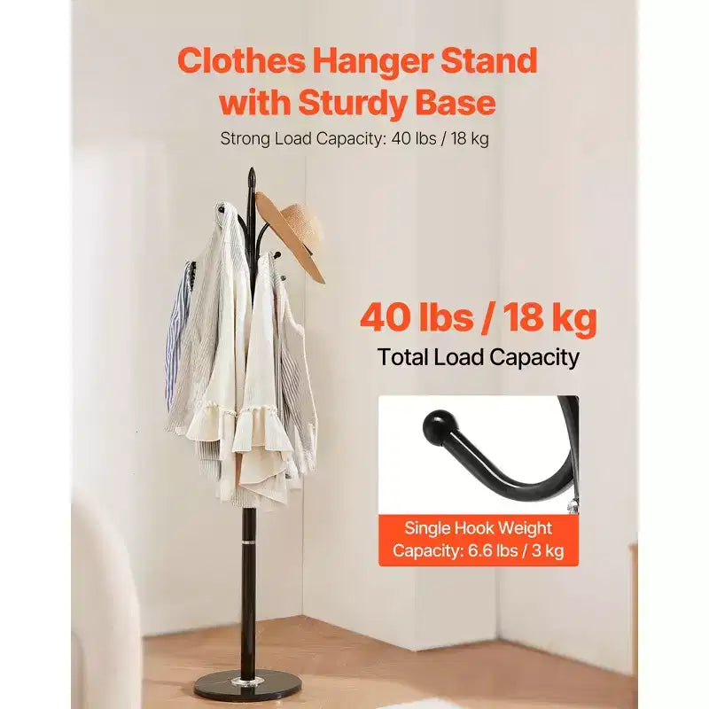 VEVOR Coat Rack Freestanding, Coats Tree Stand with Stable Marble Base & 6 Hooks, Free Standing Hall Coat Rack for Entryway, Bedroom, Office, Black