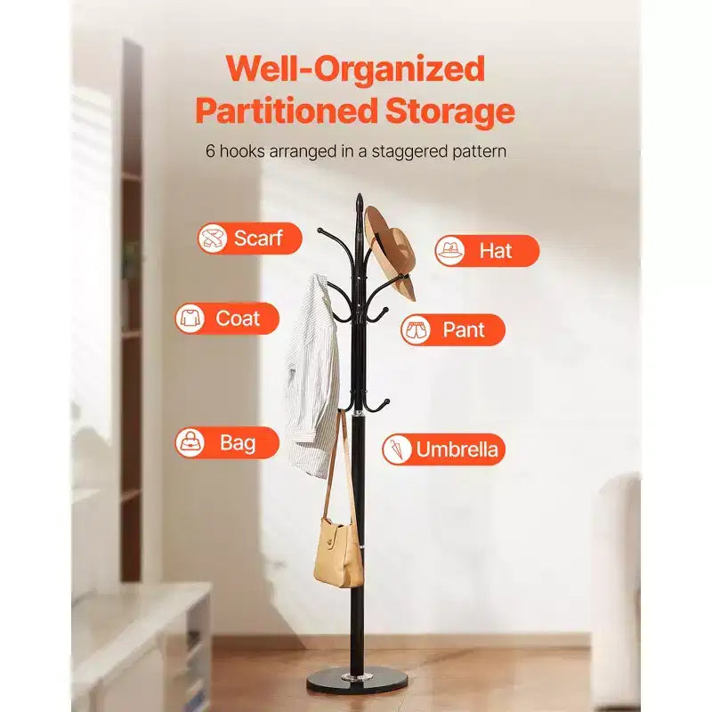 VEVOR Coat Rack Freestanding, Coats Tree Stand with Stable Marble Base & 6 Hooks, Free Standing Hall Coat Rack for Entryway, Bedroom, Office, Black