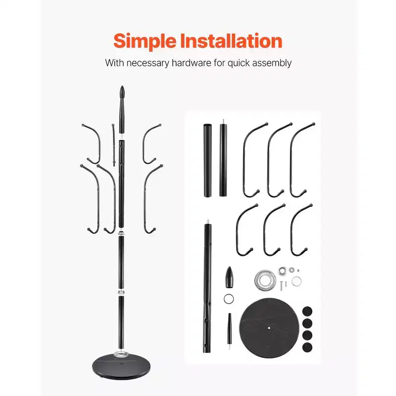 VEVOR Coat Rack Freestanding, Coats Tree Stand with Stable Marble Base & 6 Hooks, Free Standing Hall Coat Rack for Entryway, Bedroom, Office, Black