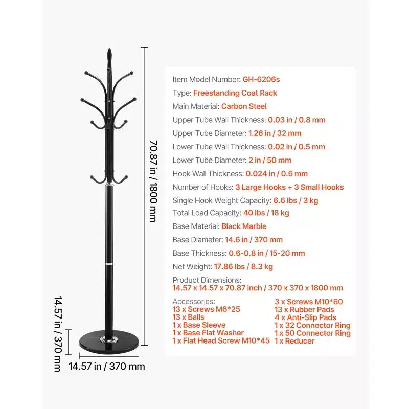 VEVOR Coat Rack Freestanding, Coats Tree Stand with Stable Marble Base & 6 Hooks, Free Standing Hall Coat Rack for Entryway, Bedroom, Office, Black