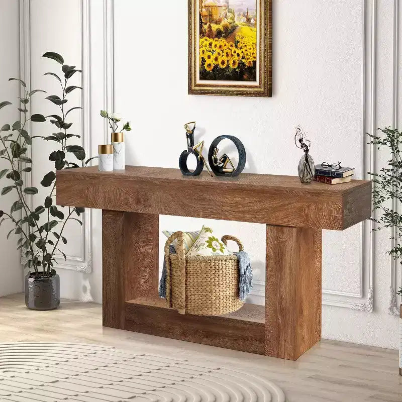 63 Inch Farmhouse Console Table for Entryway, Slim Wood Sofa Table Behind Couch with Storage, Rustic Hallway Furniture for Foyer, Entrance