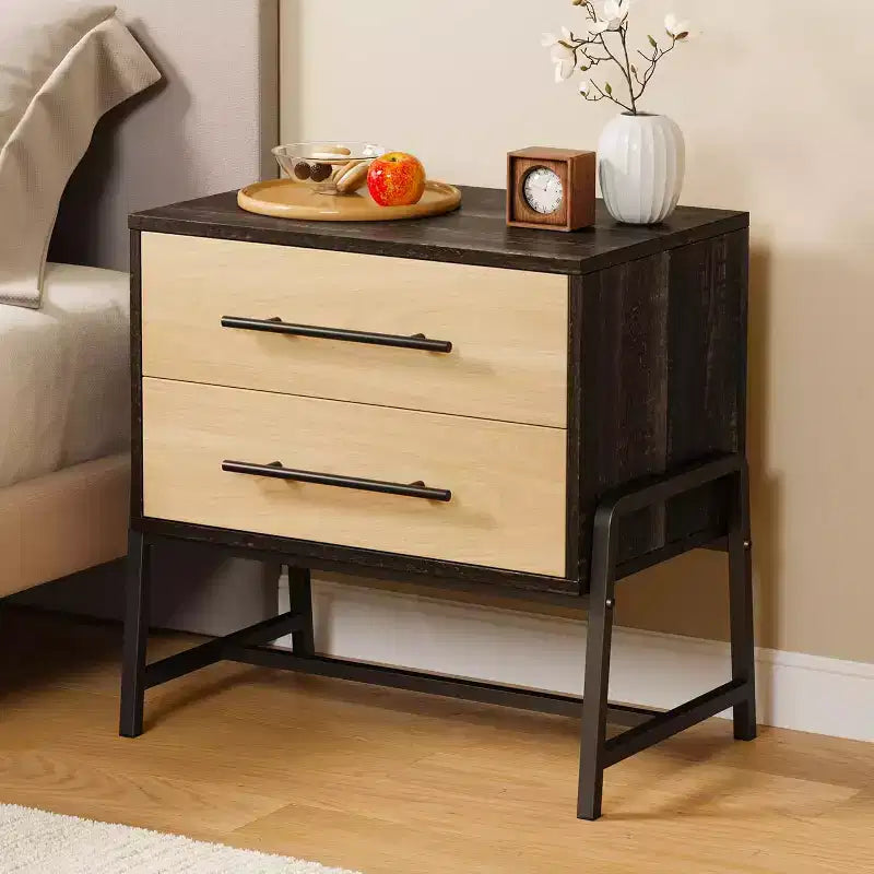 Mid Century Modern Nightstand with Unique Shape, Extended Drawer Handles, 2 Drawers & Metal Legs, Light Wood Side Table for Bedroom or Living Room