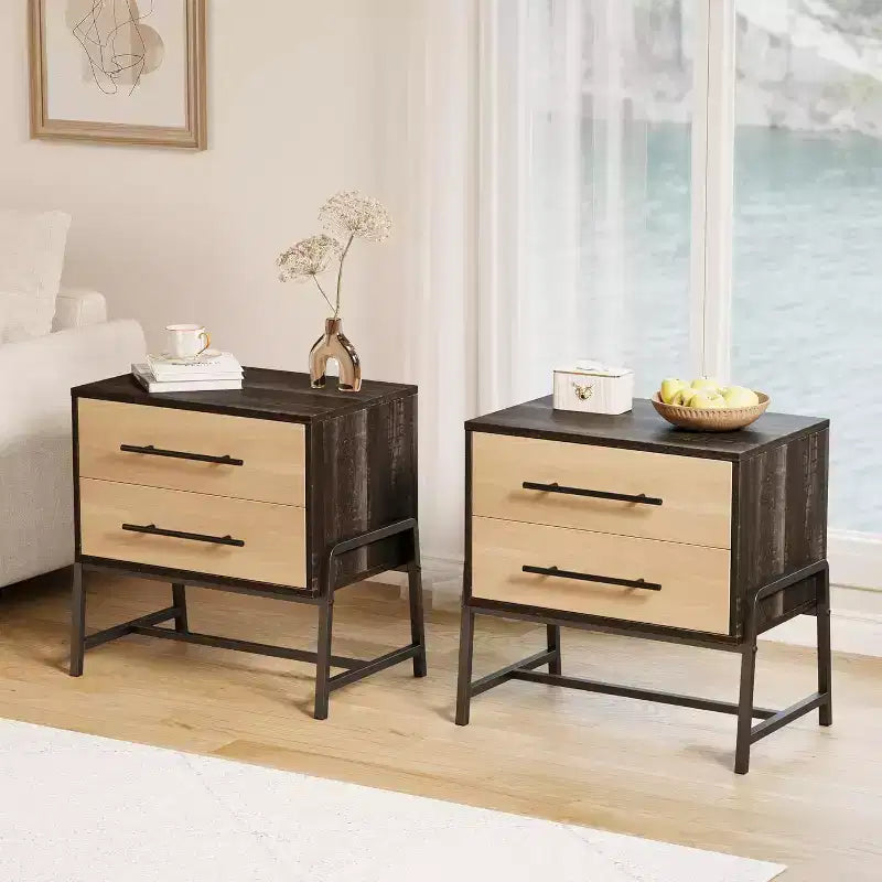Mid Century Modern Nightstand with Unique Shape, Extended Drawer Handles, 2 Drawers & Metal Legs, Light Wood Side Table for Bedroom or Living Room