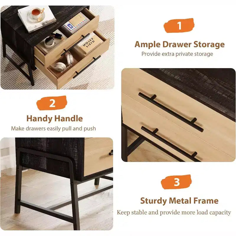 Mid Century Modern Nightstand with Unique Shape, Extended Drawer Handles, 2 Drawers & Metal Legs, Light Wood Side Table for Bedroom or Living Room