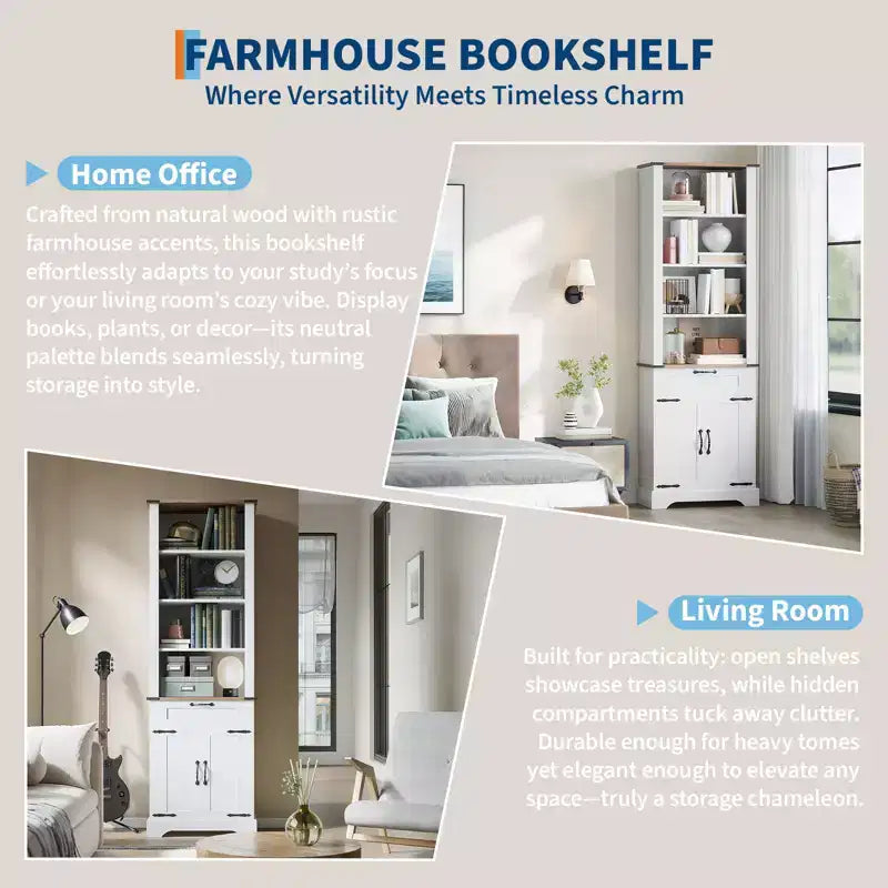 72 Tall Farmhouse Bookcase, Wooden Bookshelf with Storage Cabinet and Drawer, 4 Tier Display Cabinet with Barn Door and Adjustable Shelf