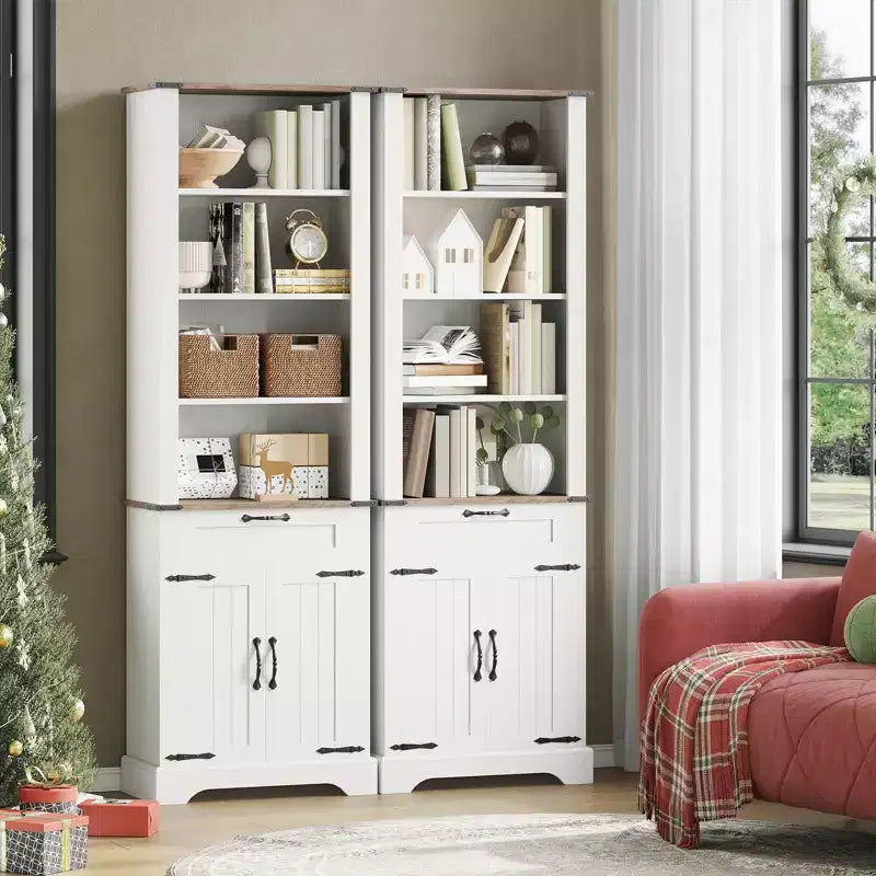72 Tall Farmhouse Bookcase, Wooden Bookshelf with Storage Cabinet and Drawer, 4 Tier Display Cabinet with Barn Door and Adjustable Shelf