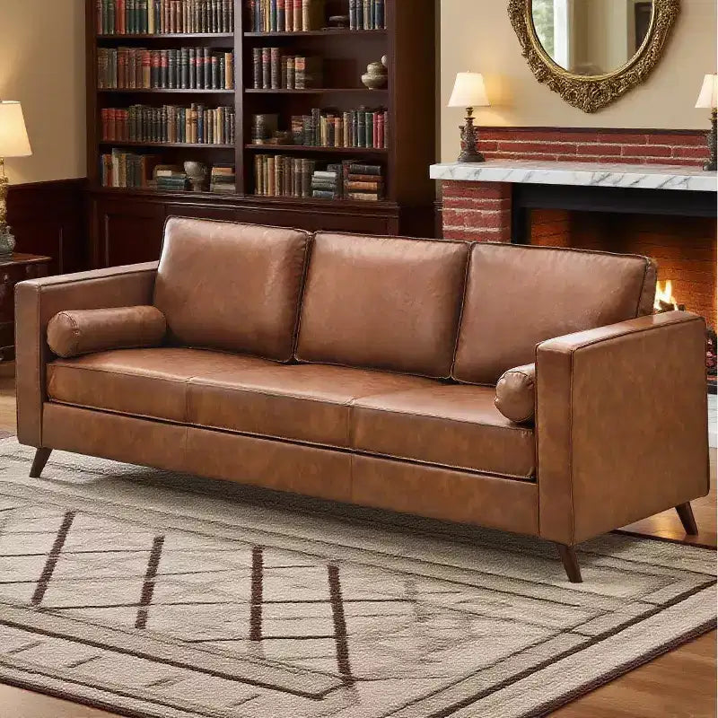 GustoWave 80'' Mid-Century Modern Couch, 3-Seat Faux Leather Sofa with Upholstered Cushions/Pillows for Living Room, Brown