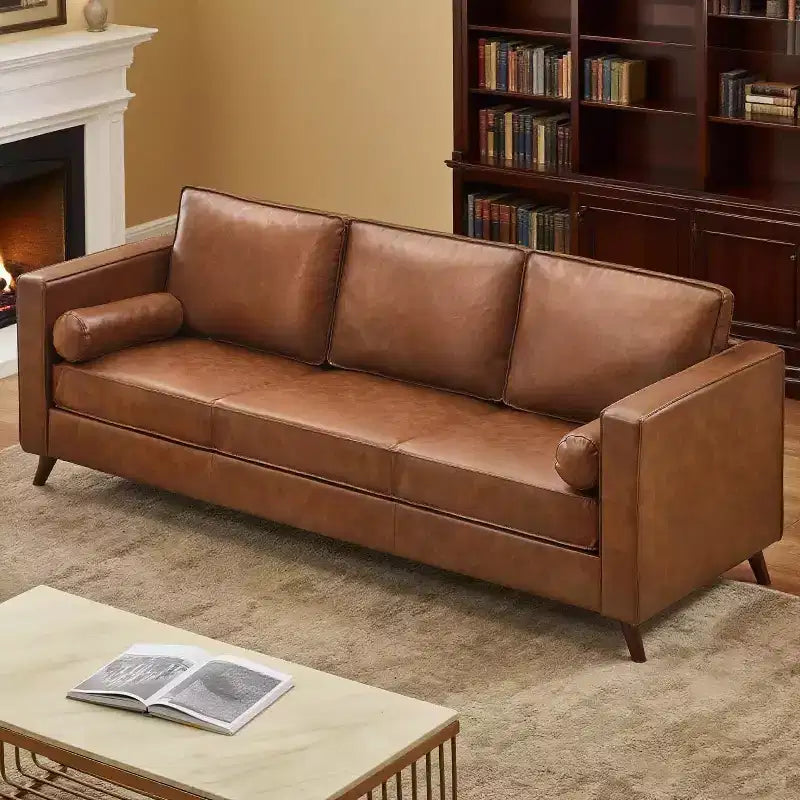 GustoWave 80'' Mid-Century Modern Couch, 3-Seat Faux Leather Sofa with Upholstered Cushions/Pillows for Living Room, Brown