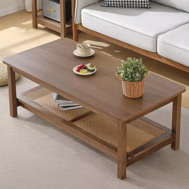 Bekrvio 47.2'' Boho Mid Century Modern Coffee Table, 2-Tier Rustic Rectangle Wood Center Table with Wood Legs & Rattan Shelf, for Living Room