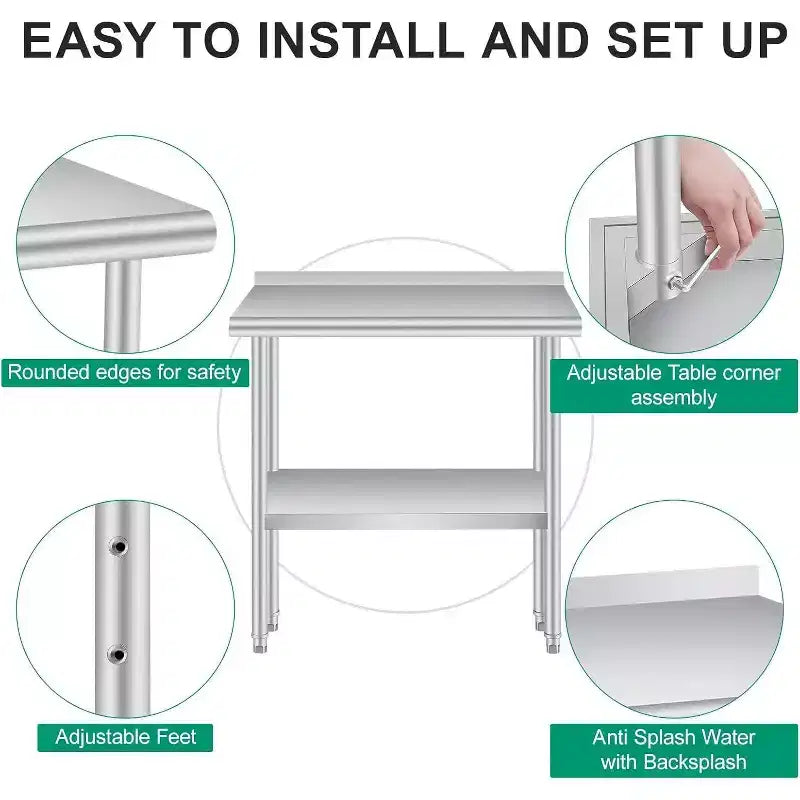 Acekool 36 x 24 Stainless Steel Prep Table with Backsplash, Adjustable Undershelf & 4 Caster Wheels, Commercial-Grade Work Table