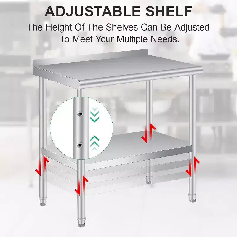 Acekool 36 x 24 Stainless Steel Prep Table with Backsplash, Adjustable Undershelf & 4 Caster Wheels, Commercial-Grade Work Table