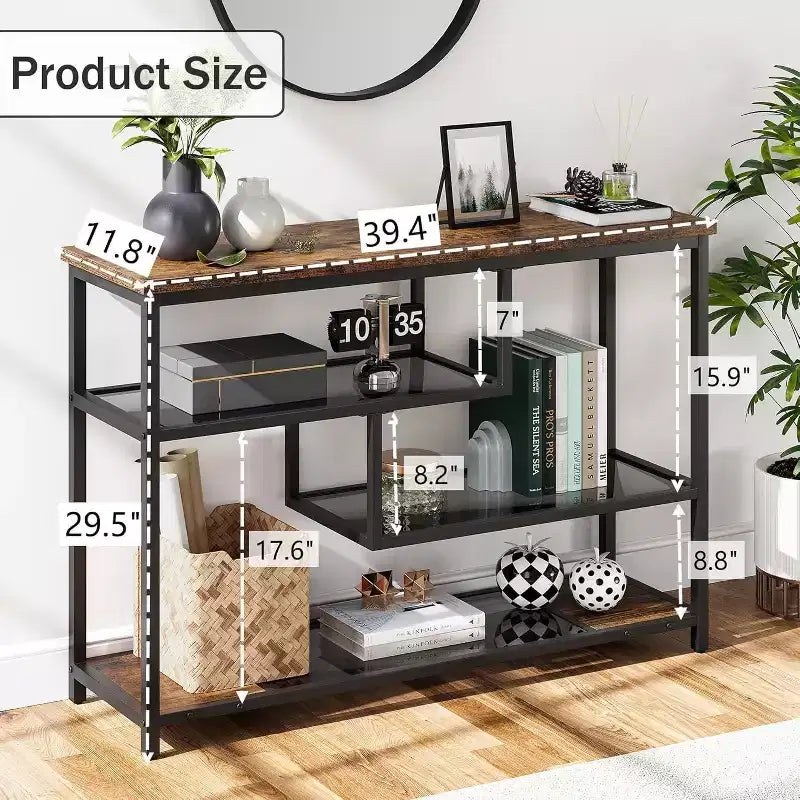 Industrial 4-Tier Console Table with Glass Shelves, Narrow Sofa Table 39.4 for Entryway, Living Room, Bedroom, Metal Frame Hallway Accent Table