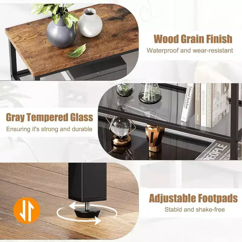 Industrial 4-Tier Console Table with Glass Shelves, Narrow Sofa Table 39.4 for Entryway, Living Room, Bedroom, Metal Frame Hallway Accent Table