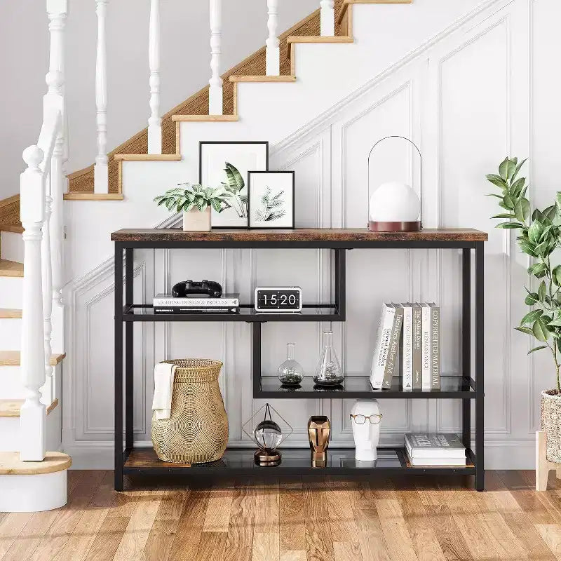 Industrial 4-Tier Console Table with Glass Shelves, Narrow Sofa Table 39.4 for Entryway, Living Room, Bedroom, Metal Frame Hallway Accent Table