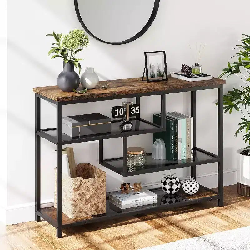 Industrial 4-Tier Console Table with Glass Shelves, Narrow Sofa Table 39.4 for Entryway, Living Room, Bedroom, Metal Frame Hallway Accent Table