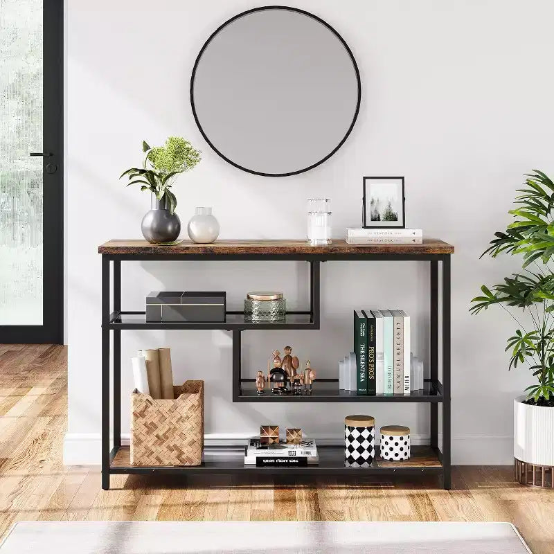 Industrial 4-Tier Console Table with Glass Shelves, Narrow Sofa Table 39.4 for Entryway, Living Room, Bedroom, Metal Frame Hallway Accent Table