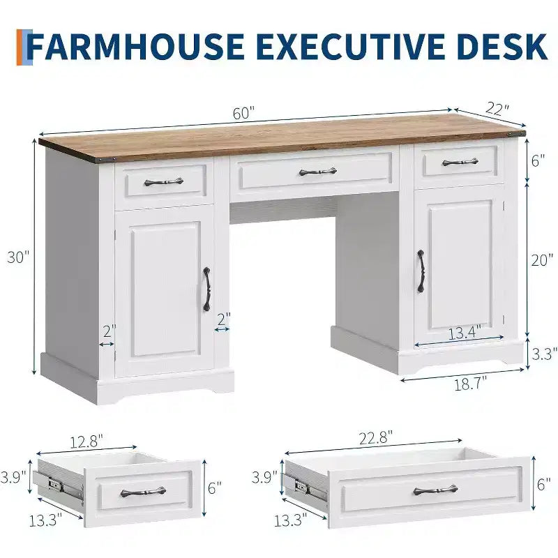 Acekool 60 Executive Farmhouse Desk with Drawers and Storage Cabinets, Rustic Wood Computer Desk for Home Office and Study, Antique White