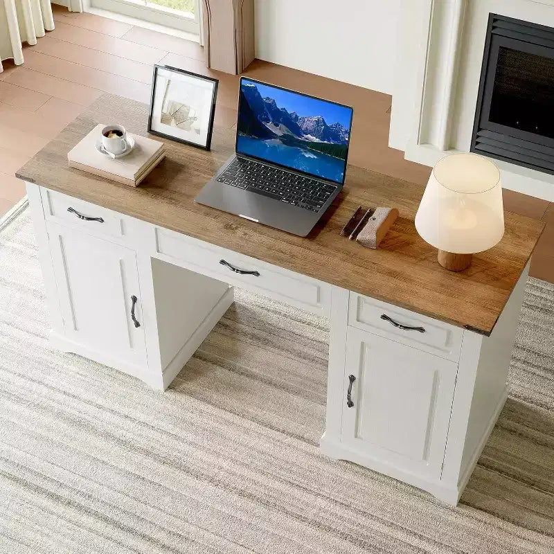 Acekool 60 Executive Farmhouse Desk with Drawers and Storage Cabinets, Rustic Wood Computer Desk for Home Office and Study, Antique White