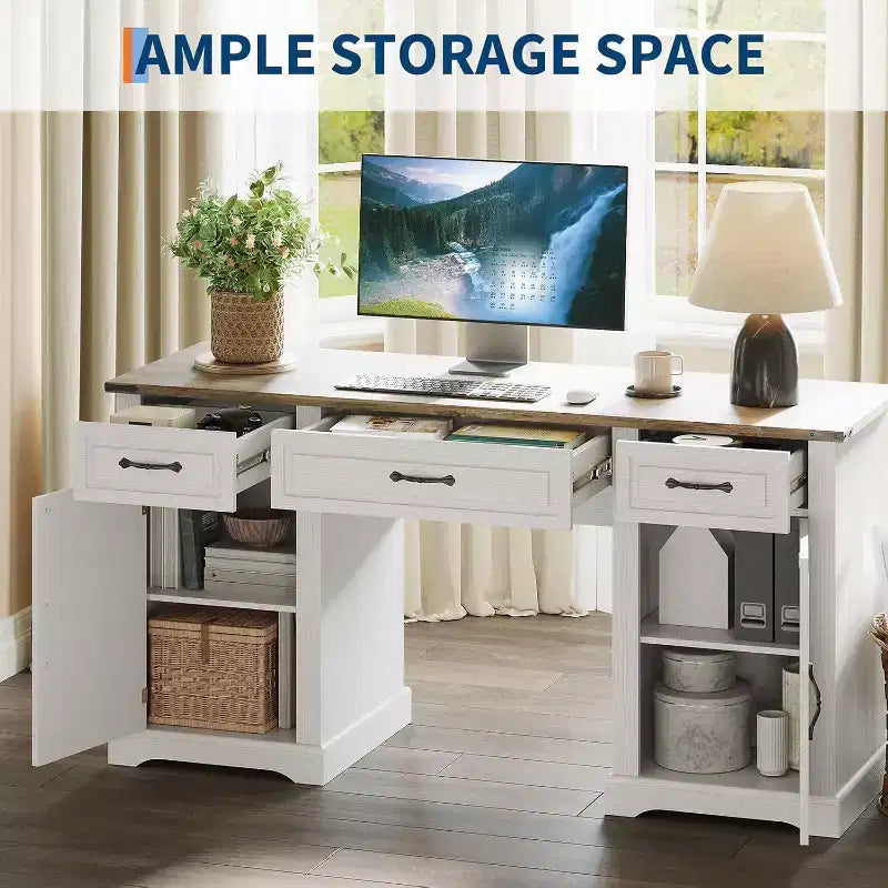 Acekool 60 Executive Farmhouse Desk with Drawers and Storage Cabinets, Rustic Wood Computer Desk for Home Office and Study, Antique White