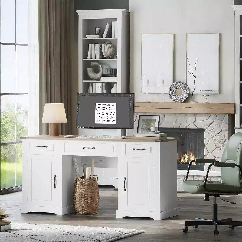 Acekool 60 Executive Farmhouse Desk with Drawers and Storage Cabinets, Rustic Wood Computer Desk for Home Office and Study, Antique White
