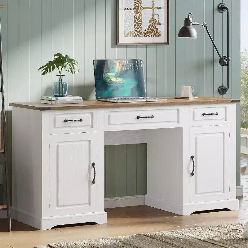 Acekool 60 Executive Farmhouse Desk with Drawers and Storage Cabinets, Rustic Wood Computer Desk for Home Office and Study, Antique White