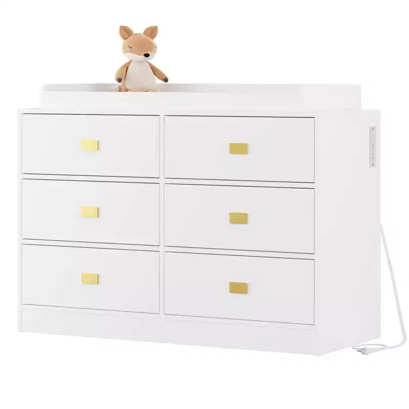 Coolmee Nursery Dresser with Changing Table Top, 6 Drawer Baby Dresser with Anti-Tip Kit, Waterproof Top and Safety Rails Storage Organizer