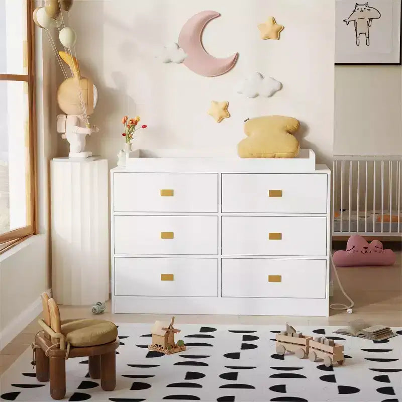 Coolmee Nursery Dresser with Changing Table Top, 6 Drawer Baby Dresser with Anti-Tip Kit, Waterproof Top and Safety Rails Storage Organizer