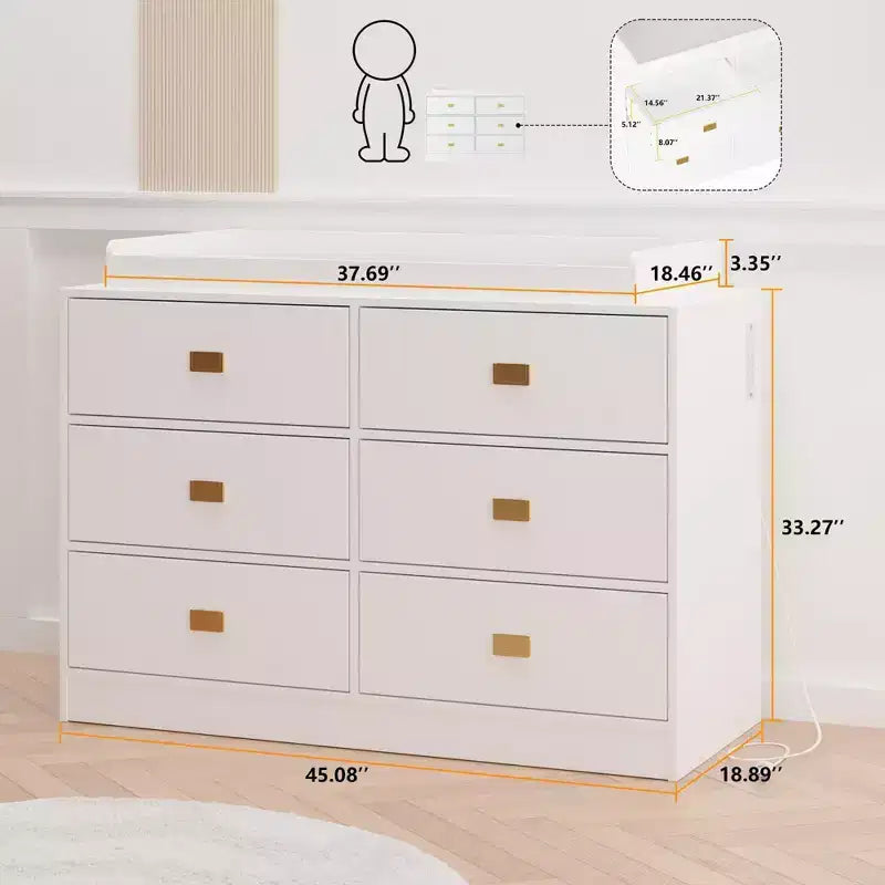 Coolmee Nursery Dresser with Changing Table Top, 6 Drawer Baby Dresser with Anti-Tip Kit, Waterproof Top and Safety Rails Storage Organizer