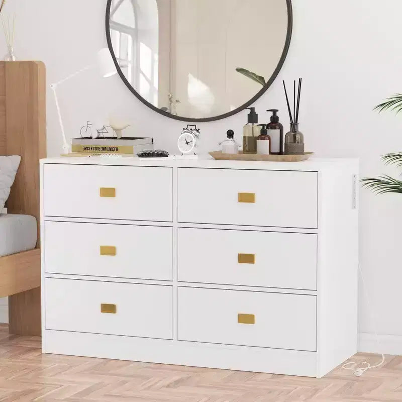 Coolmee Nursery Dresser with Changing Table Top, 6 Drawer Baby Dresser with Anti-Tip Kit, Waterproof Top and Safety Rails Storage Organizer