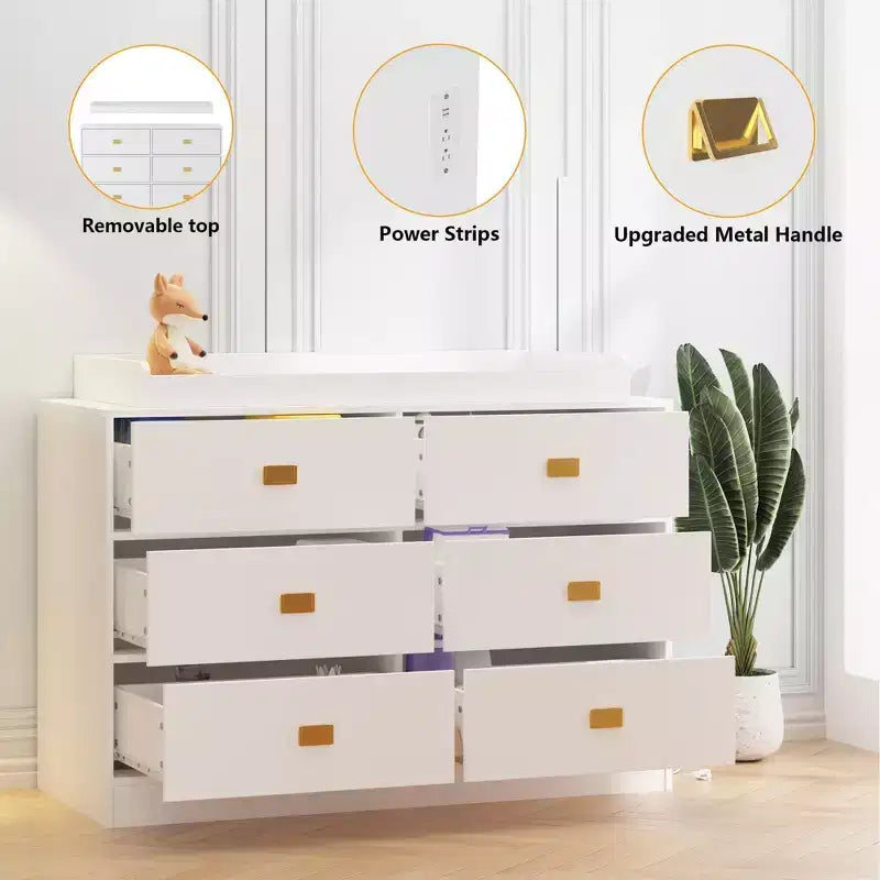 Coolmee Nursery Dresser with Changing Table Top, 6 Drawer Baby Dresser with Anti-Tip Kit, Waterproof Top and Safety Rails Storage Organizer