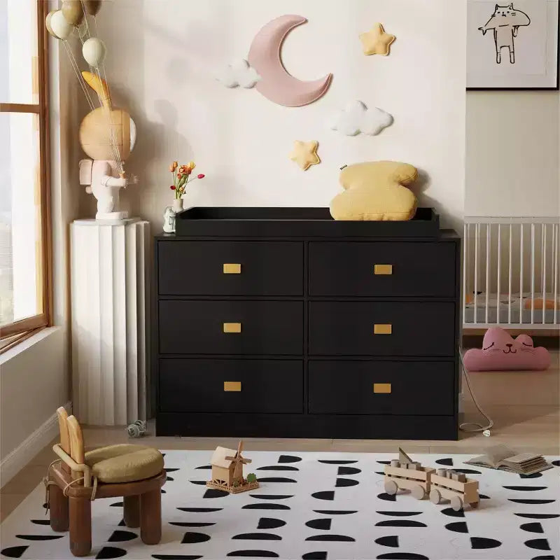 Coolmee Nursery Dresser with Changing Table Top, 6 Drawer Baby Dresser with Anti-Tip Kit, Waterproof Top and Safety Rails Storage Organizer