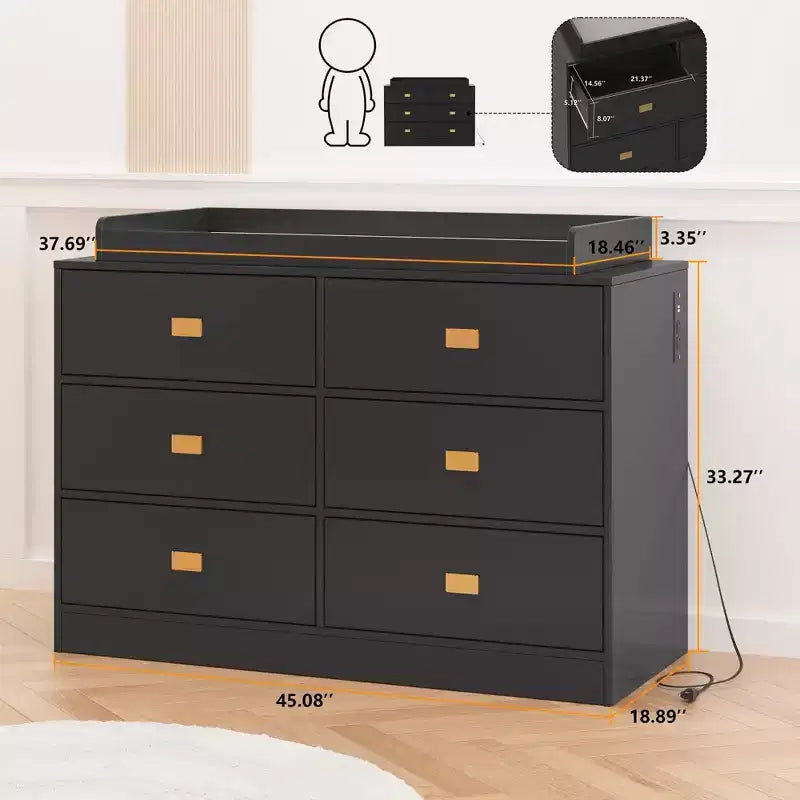 Coolmee Nursery Dresser with Changing Table Top, 6 Drawer Baby Dresser with Anti-Tip Kit, Waterproof Top and Safety Rails Storage Organizer