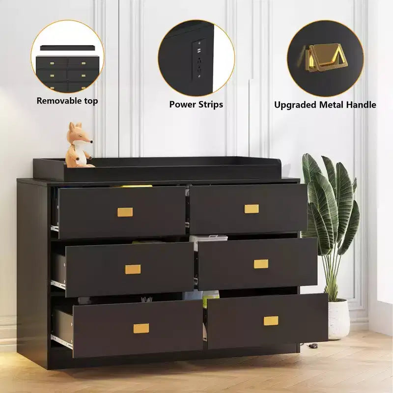 Coolmee Nursery Dresser with Changing Table Top, 6 Drawer Baby Dresser with Anti-Tip Kit, Waterproof Top and Safety Rails Storage Organizer