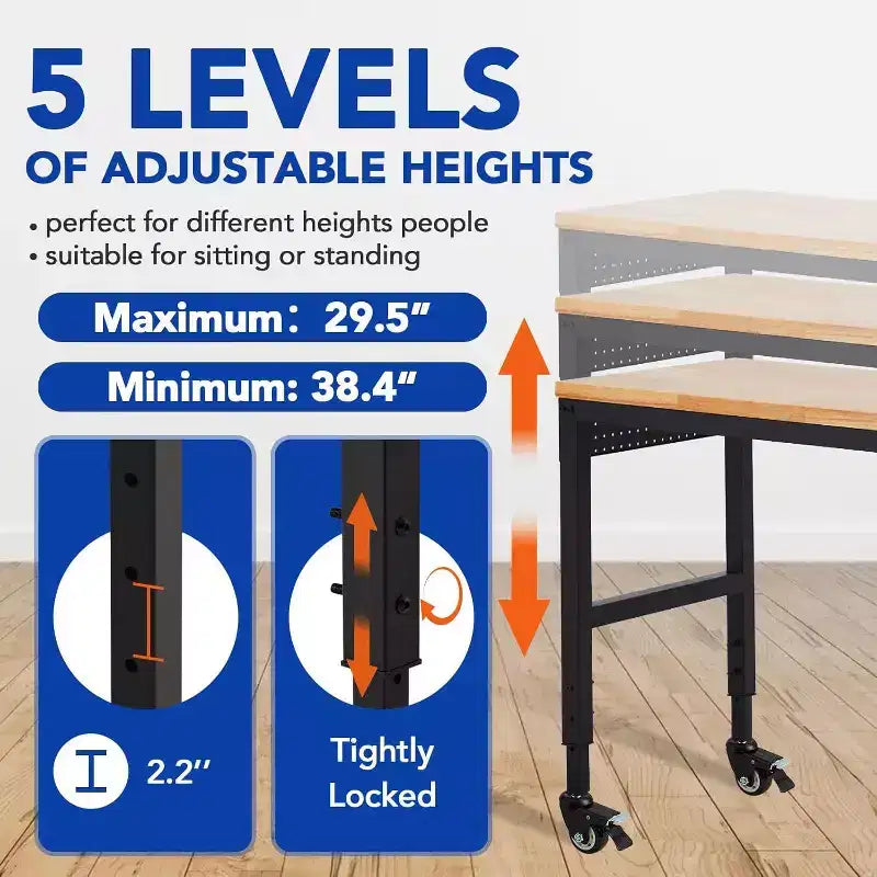 Acekool 48 Inch Height Adjustable Work Table with Wheels,2000 Lbs Rubber Wood Top Workstation with Power Outlets,for Workshop, Home
