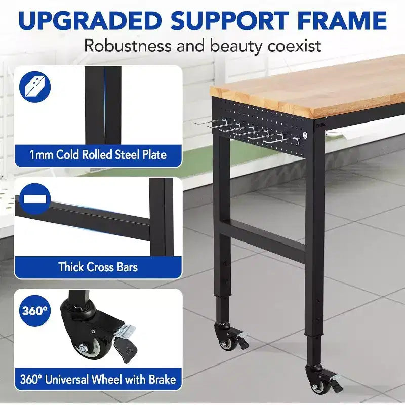Acekool 48 Inch Height Adjustable Work Table with Wheels,2000 Lbs Rubber Wood Top Workstation with Power Outlets,for Workshop, Home