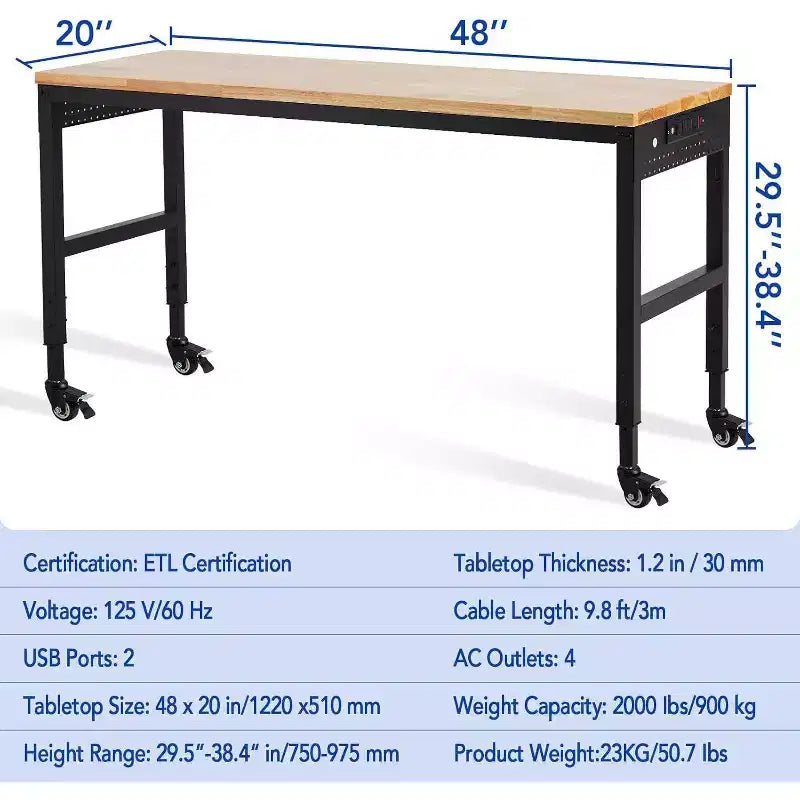 Acekool 48 Inch Height Adjustable Work Table with Wheels,2000 Lbs Rubber Wood Top Workstation with Power Outlets,for Workshop, Home