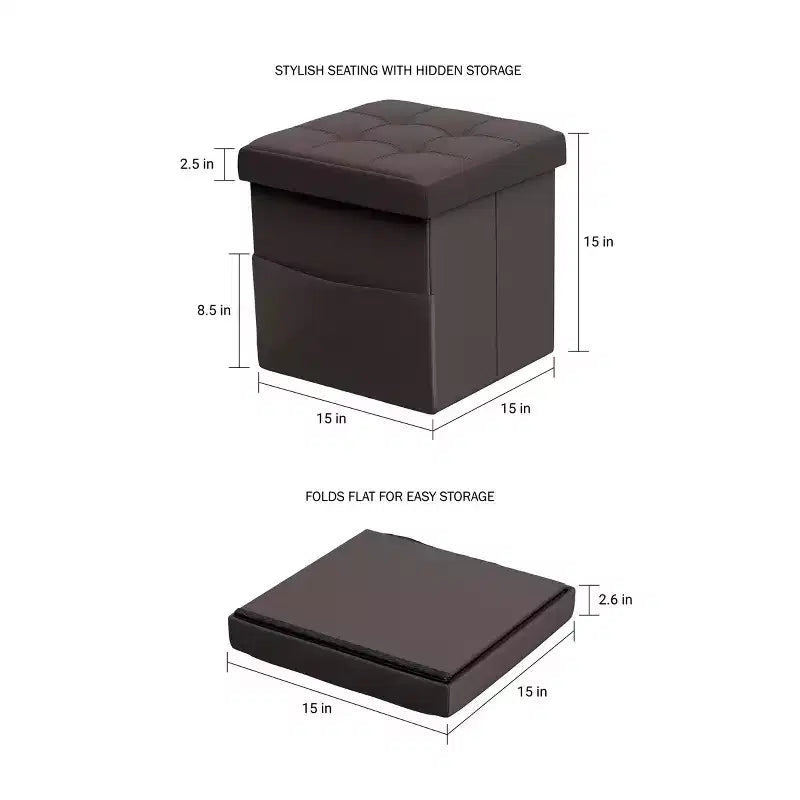 Lavish Home Folding Faux Leather Ottoman, Brown