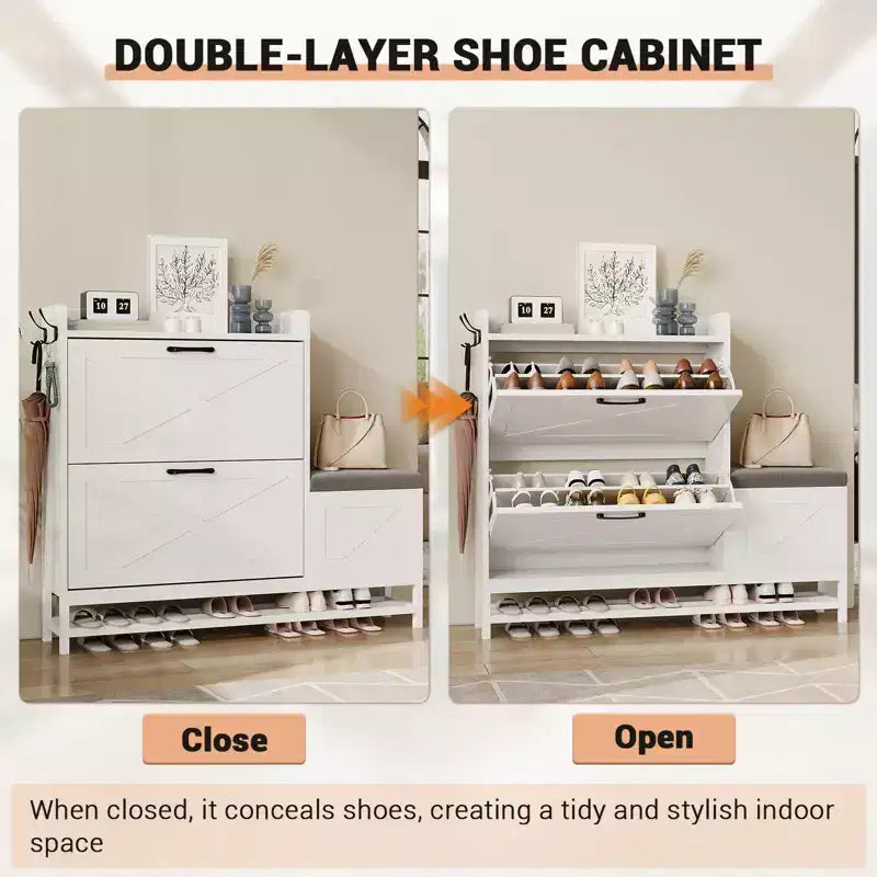 Shoe Cabinet with Bench, Farmhouse Narrow Slim Shoe Storage Cabinet 2 Flip Drawers for Entryway, Living Room, Hallway