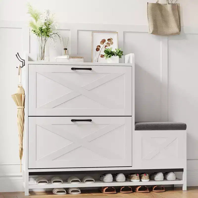 Shoe Cabinet with Bench, Farmhouse Narrow Slim Shoe Storage Cabinet 2 Flip Drawers for Entryway, Living Room, Hallway