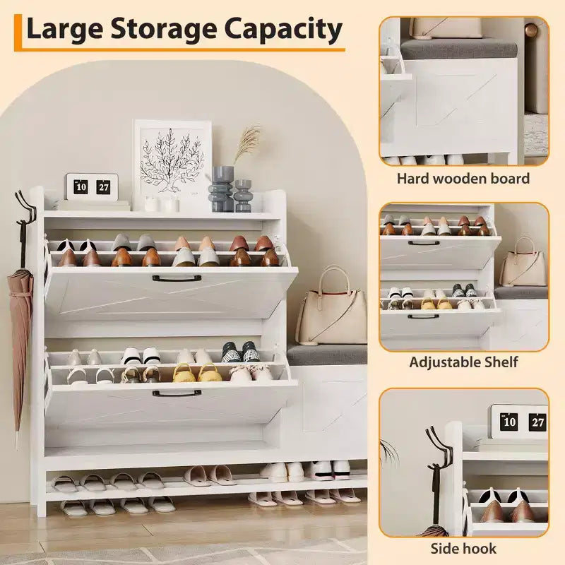 Shoe Cabinet with Bench, Farmhouse Narrow Slim Shoe Storage Cabinet 2 Flip Drawers for Entryway, Living Room, Hallway