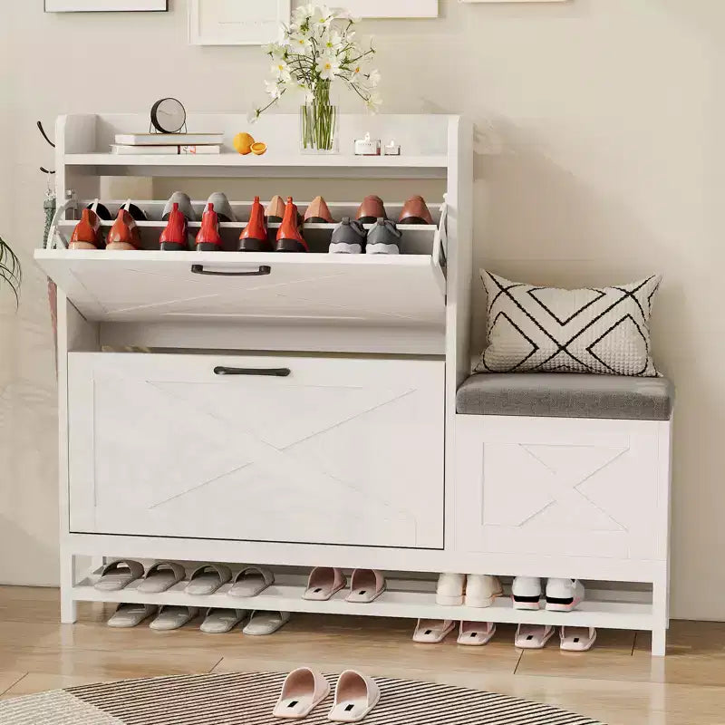 Shoe Cabinet with Bench, Farmhouse Narrow Slim Shoe Storage Cabinet 2 Flip Drawers for Entryway, Living Room, Hallway