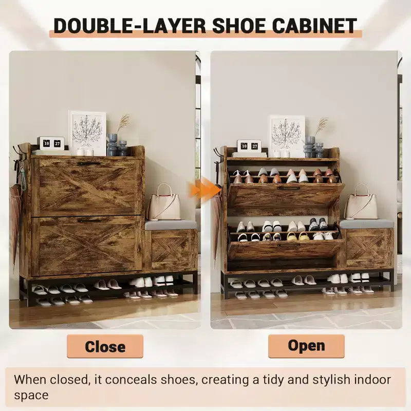 Shoe Cabinet with Bench, Farmhouse Narrow Slim Shoe Storage Cabinet 2 Flip Drawers for Entryway, Living Room, Hallway