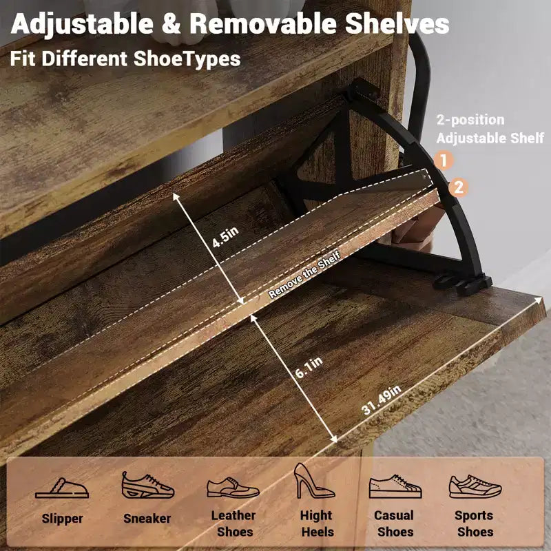 Shoe Cabinet with Bench, Farmhouse Narrow Slim Shoe Storage Cabinet 2 Flip Drawers for Entryway, Living Room, Hallway