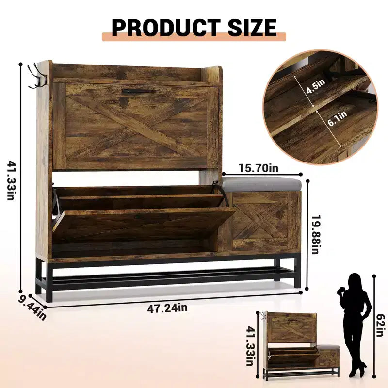Shoe Cabinet with Bench, Farmhouse Narrow Slim Shoe Storage Cabinet 2 Flip Drawers for Entryway, Living Room, Hallway