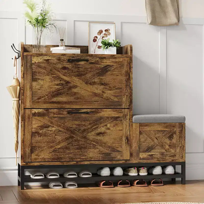 Shoe Cabinet with Bench, Farmhouse Narrow Slim Shoe Storage Cabinet 2 Flip Drawers for Entryway, Living Room, Hallway