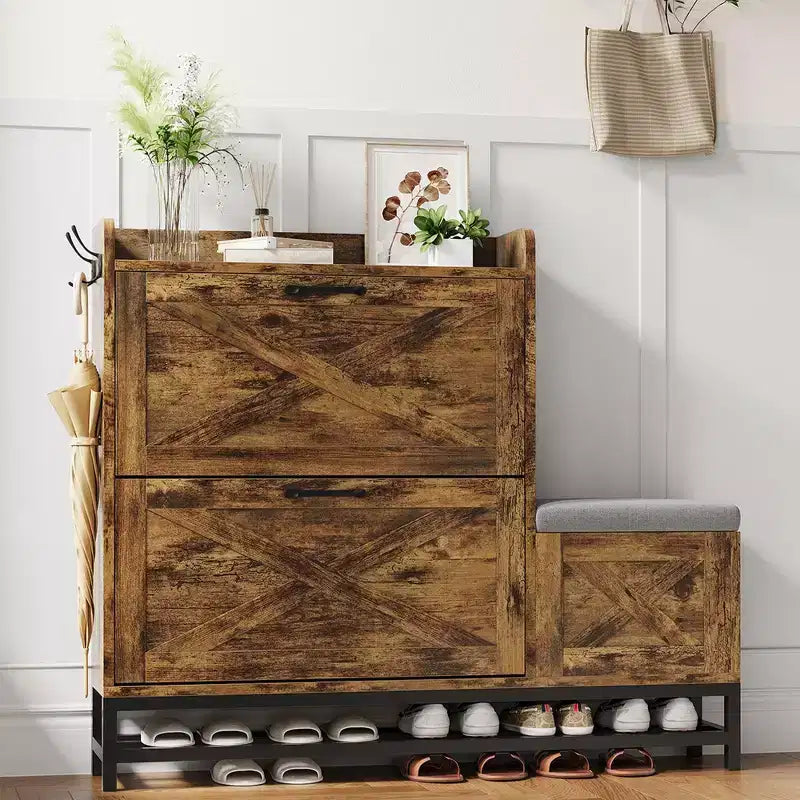 Shoe Cabinet with Bench, Farmhouse Narrow Slim Shoe Storage Cabinet 2 Flip Drawers for Entryway, Living Room, Hallway