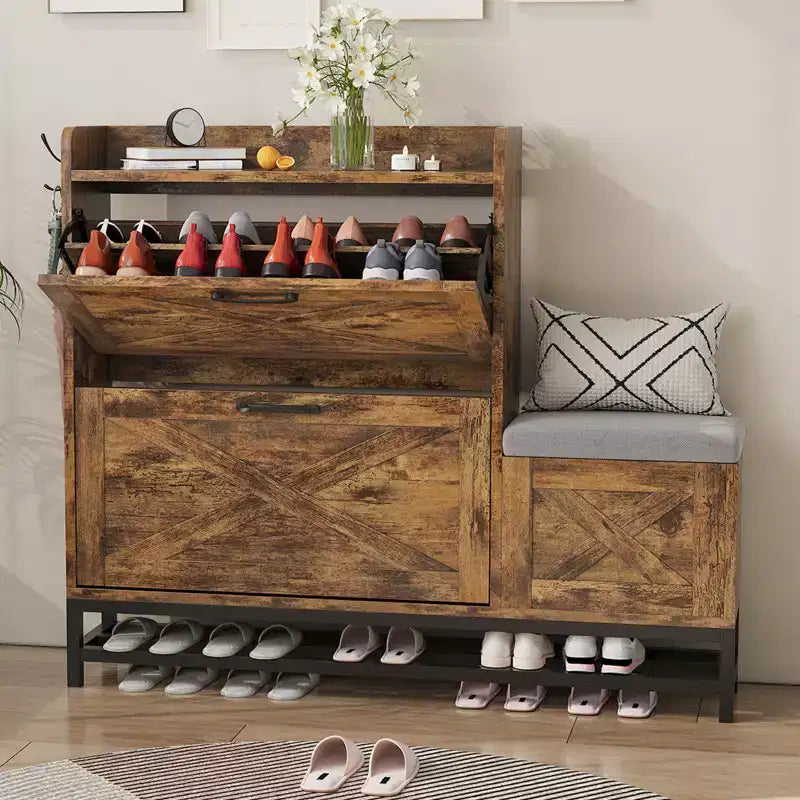 Shoe Cabinet with Bench, Farmhouse Narrow Slim Shoe Storage Cabinet 2 Flip Drawers for Entryway, Living Room, Hallway